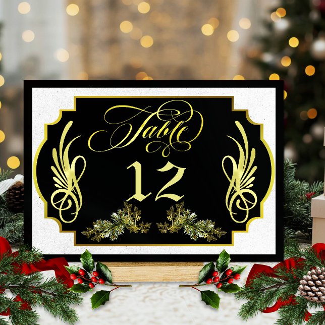 Elegant Calligraphy, Botanical - Black/Gold Table Number (Creator Uploaded)