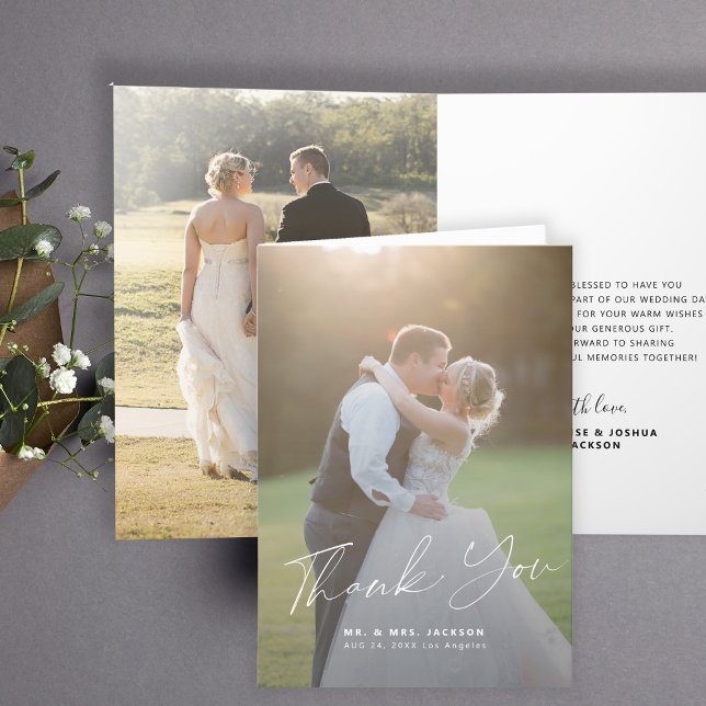 Elegant calligraphy bride and groom photo wedding  thank you card (Creator Uploaded)