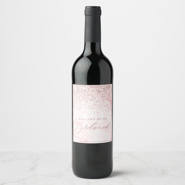 Elegant Calligraphy Bridesmaid Rose Gold Marble Wine Label (Front)