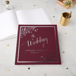 Elegant Calligraphy Burgundy & Silver Foil Wedding Guest Book