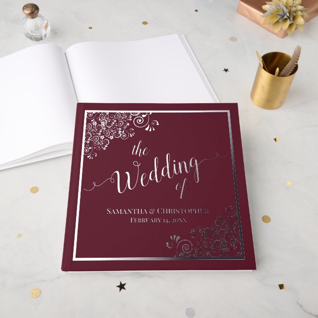 Elegant Calligraphy Burgundy & Silver Foil Wedding Guest Book (Front Open)