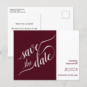 Elegant Calligraphy Burgundy Wedding Save the Date Announcement Postcard
