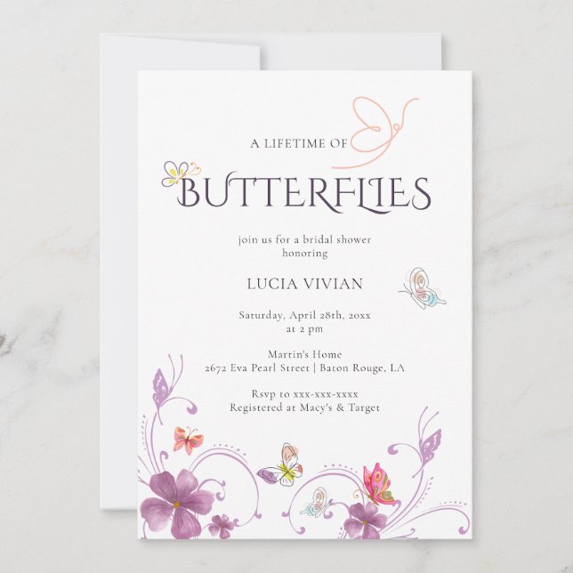 Elegant Calligraphy Butterflies Bridal Shower Invitation (Front)