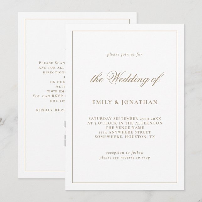 Elegant Calligraphy Champagne Gold Wedding Invitation (Front/Back)