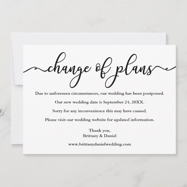 Elegant Calligraphy Change Of Plans New Date Card (Front)