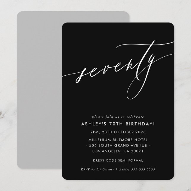 ELEGANT Calligraphy chic 70th birthday black white Invitation (Front/Back)