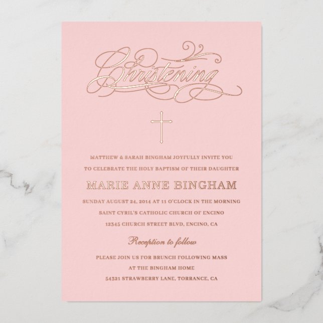 Elegant Calligraphy Christening Blush Rose (Front)