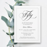Elegant Calligraphy Classic 50th Birthday Party Invitation<br><div class="desc">Plan an elegant 50th birthday celebration with this classic white party invitation featuring lovely calligraphy script spelling out "Fifty" in formal style. This tasteful gender-neutral invitation has a double lined frame in subtle silver-grey surrounding your text. Personalize the easy-to-use text template with your event details. For your convenience, this invitation...</div>