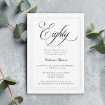 Elegant Calligraphy Classic 80th Birthday Party Invitation<br><div class="desc">Plan an elegant 80th birthday celebration with this classic white party invitation featuring lovely calligraphy script spelling out "Eighty" in formal style. This tasteful gender-neutral invitation has a double lined frame in subtle silver-grey surrounding your text. Personalize the easy-to-use text template with your event details. For your convenience, this invitation...</div>
