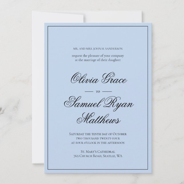 Elegant Calligraphy Classic Border Blue Wedding Invitation (Front)