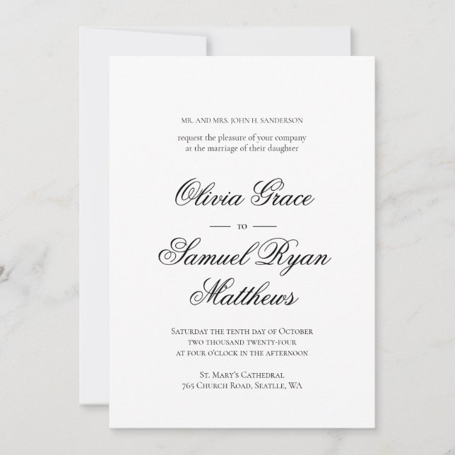 Elegant Calligraphy Classic White Black Wedding Invitation (Front)