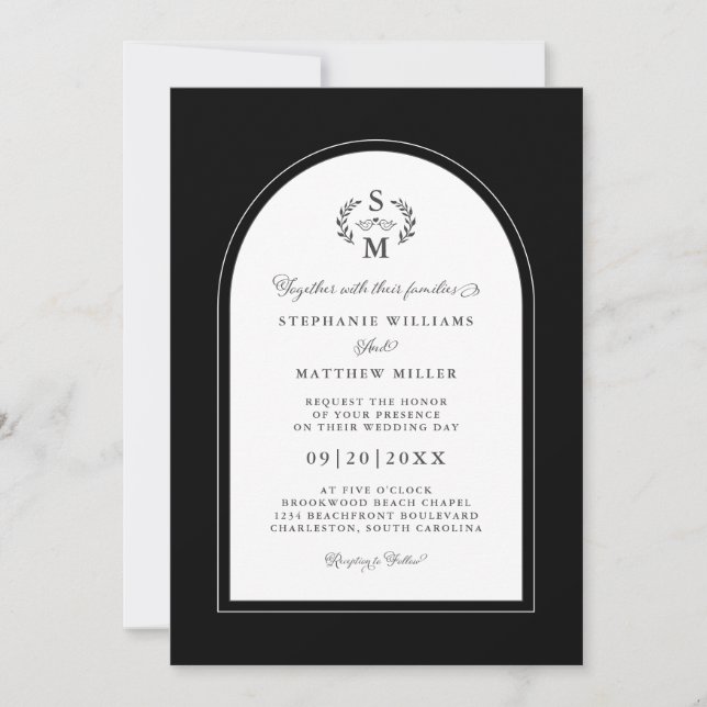 Elegant Calligraphy Crest Arch Wedding Black White Invitation (Front)