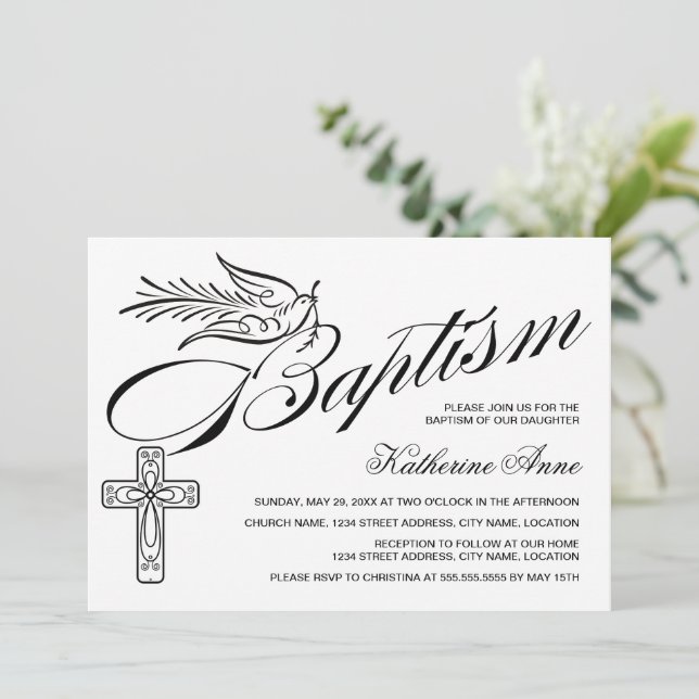 Elegant Calligraphy Cross and Dove Baptism Invitation (Standing Front)
