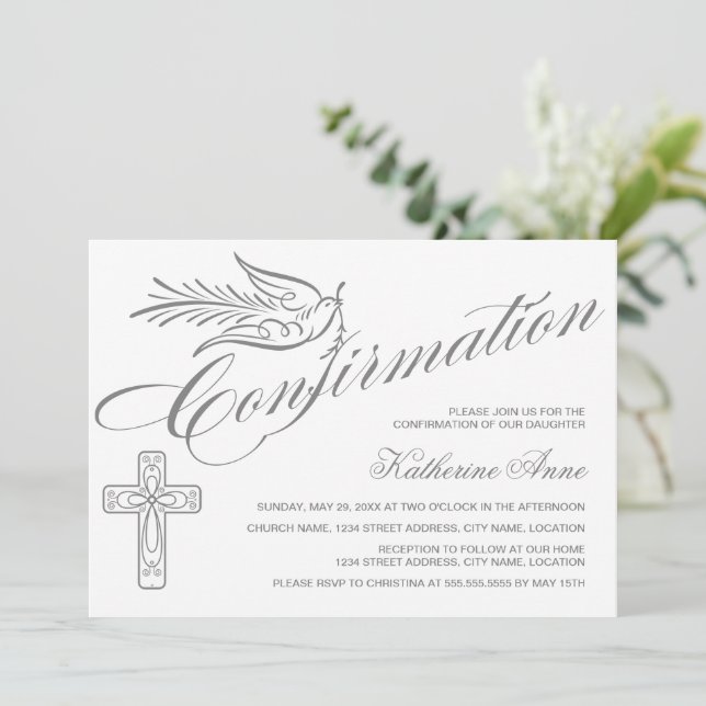 Elegant Calligraphy Cross and Dove Confirmation Invitation (Standing Front)
