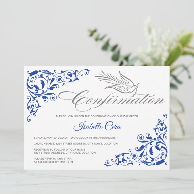 Elegant Calligraphy Cross and Dove Confirmation Invitation (Standing Front)