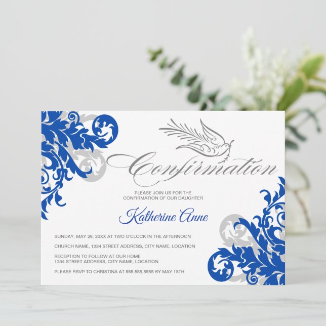 Elegant Calligraphy Cross and Dove Confirmation Invitation (Standing Front)