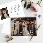 Elegant Calligraphy Custom Wedding Photo Thank You Card<br><div class="desc">Flat horizontal wedding thank you cards feature an elegant and stylish white calligraphy script text overlay design. Personalize the front with a favourite photo of the bride and groom, as well as a simple sans serif monogram of the couple's names. The back includes a second photo and a custom thank...</div>