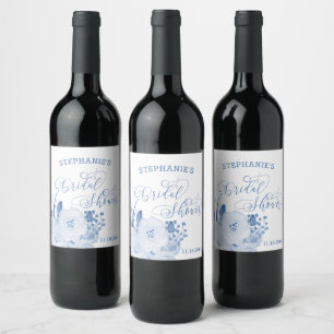 Elegant Calligraphy Dusty Blue Bridal Shower Wine Label