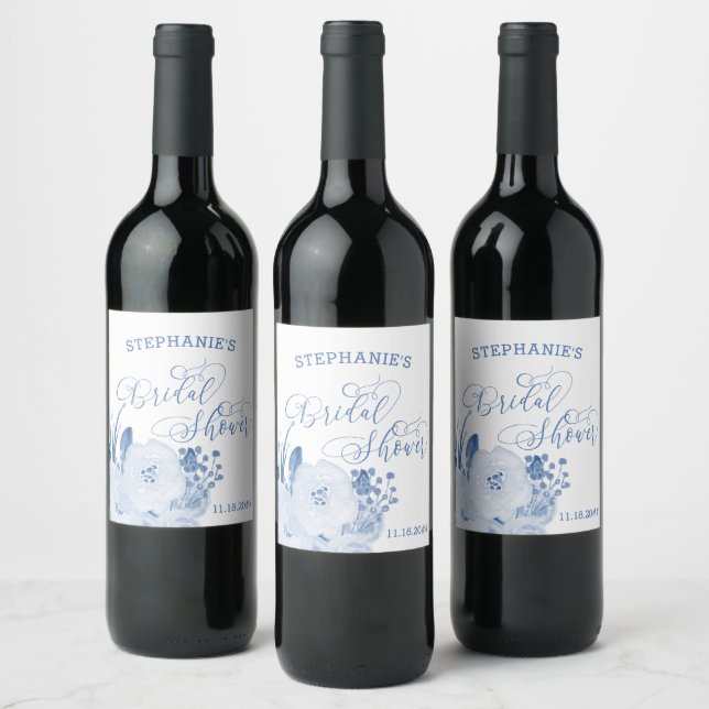 Elegant Calligraphy Dusty Blue Bridal Shower Wine Label (Bottles)