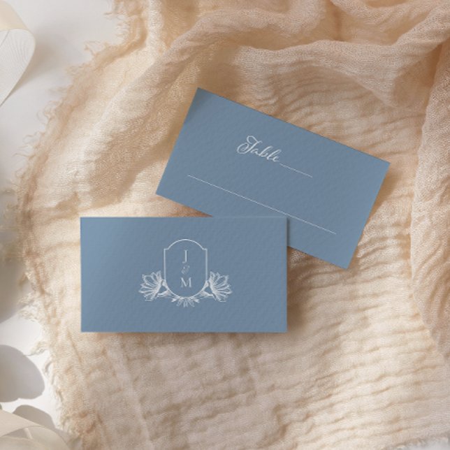 Elegant Calligraphy Dusty Blue Crest Place Card (Creator Uploaded)