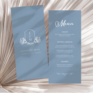 Elegant Calligraphy Dusty Blue Crest Wedding Menu