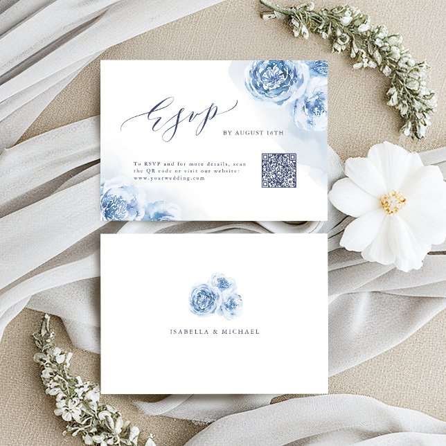Elegant calligraphy dusty blue floral QR code RSVP Card (Elegant calligraphy dusty blue floral QR code RSVP Card)