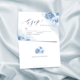 Elegant calligraphy dusty blue floral wedding RSVP card