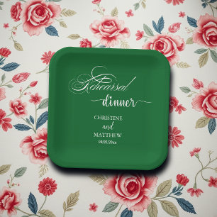 Elegant Calligraphy Dusty Blue Rehearsal Dinner Paper Plate