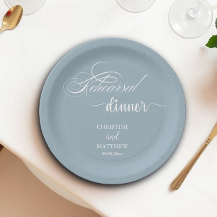 Elegant Calligraphy Dusty Blue Rehearsal Dinner  Paper Plate