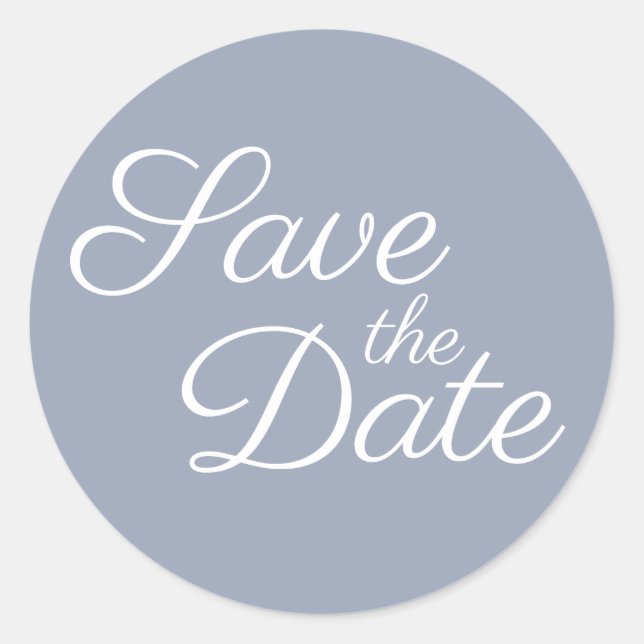 Elegant Calligraphy Dusty Blue Save the Date Classic Round Sticker (Front)