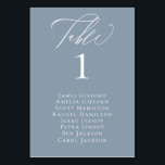 Elegant Calligraphy Dusty Blue Seating Table Card<br><div class="desc">Elegant white calligraphy "table",  with guest names listed and table number,  wedding table number card in trendy dusty blue.</div>