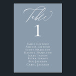Elegant Calligraphy Dusty Blue Seating Table Card<br><div class="desc">Elegant white calligraphy "table",  with guest names listed and table number,  wedding table number card in trendy dusty blue.</div>