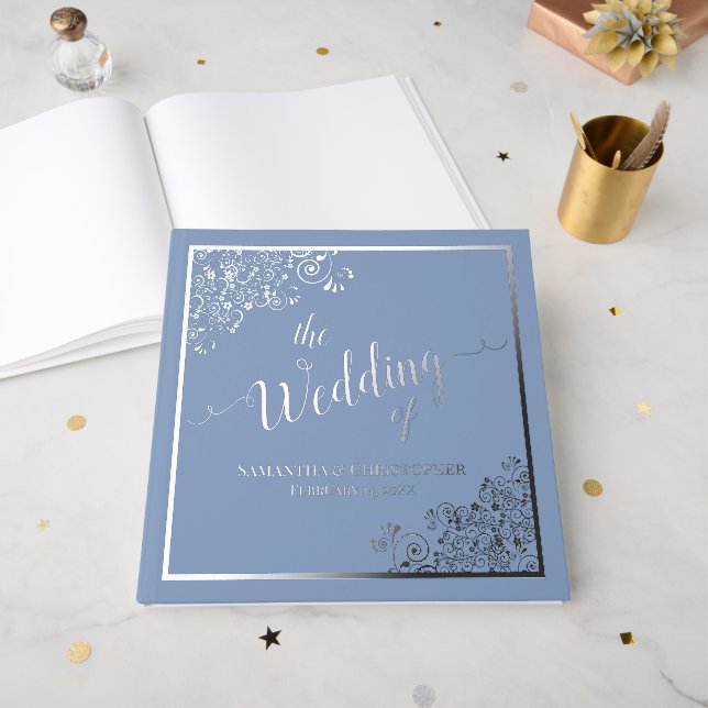 Elegant Calligraphy Dusty Blue Silver Foil Wedding Guest Book (Front Open)