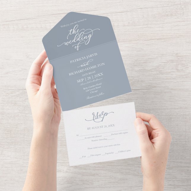 Elegant Calligraphy Dusty Blue Wedding All In One Invitation (Tearaway)