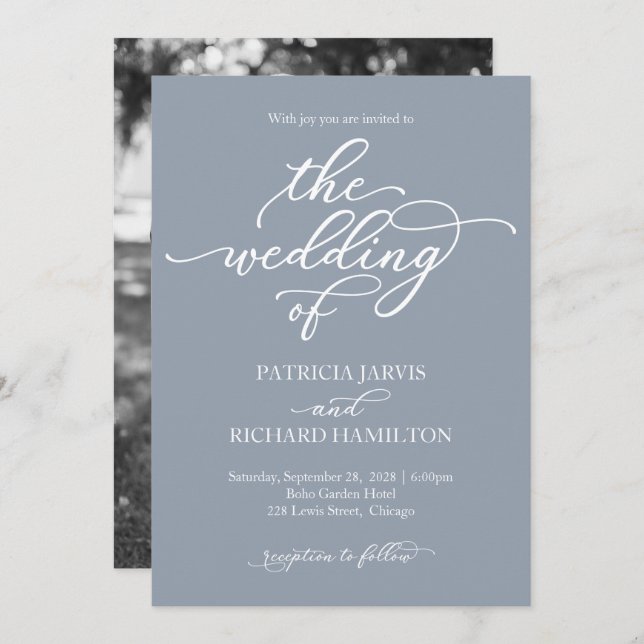 Elegant Calligraphy Dusty Blue Wedding Invitation (Front/Back)