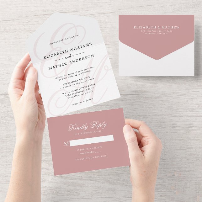 Elegant Calligraphy Dusty Pink Monogram Wedding All In One Invitation (Creator Uploaded)