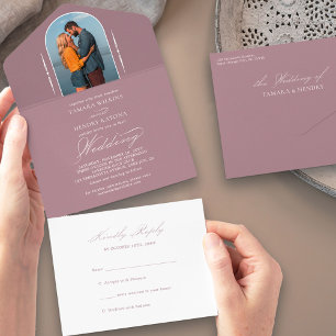 Elegant Calligraphy Dusty Rose Photo RSVP Wedding All In One Invitation