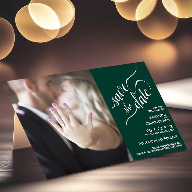 Elegant Calligraphy Emerald 2 Pane Photo Wedding Save The Date (Creator Uploaded)