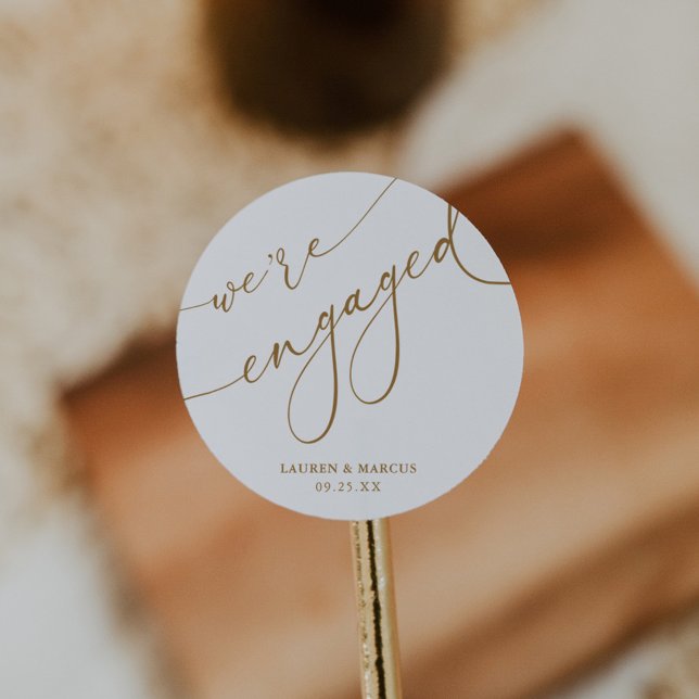 Elegant Calligraphy Engagement Party We're Engaged Classic Round Sticker (Creator Uploaded)