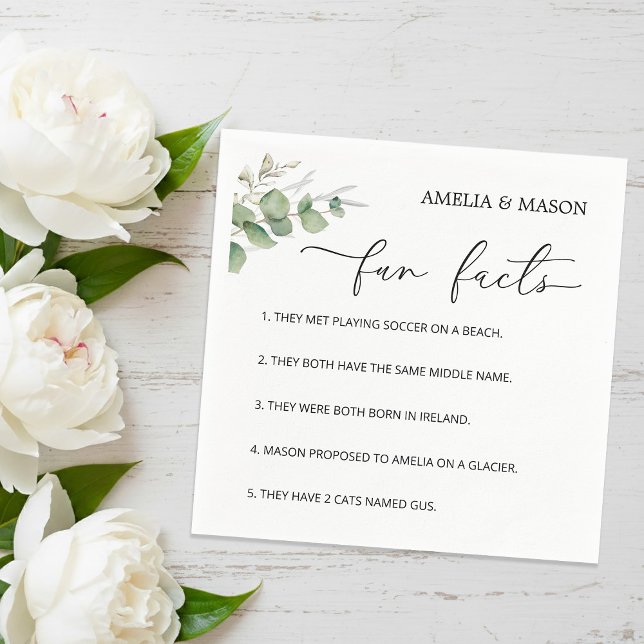 Elegant Calligraphy Eucalyptus  Fun Facts Wedding Napkin (Elegant Calligraphy Eucalyptus Fun Facts Wedding Napkins)