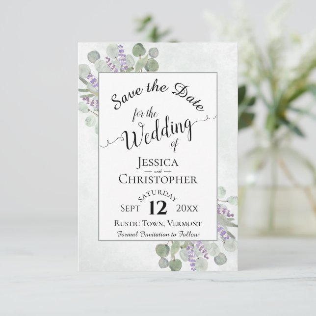 Elegant Calligraphy Eucalyptus & Lavender Wedding Save The Date (Standing Front)