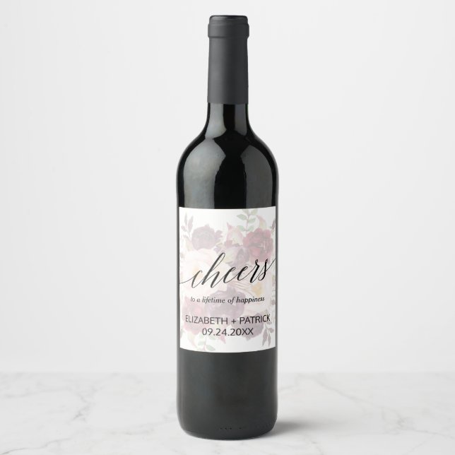 Elegant Calligraphy | Faded Floral Cheers Wedding Wine Label (Front)