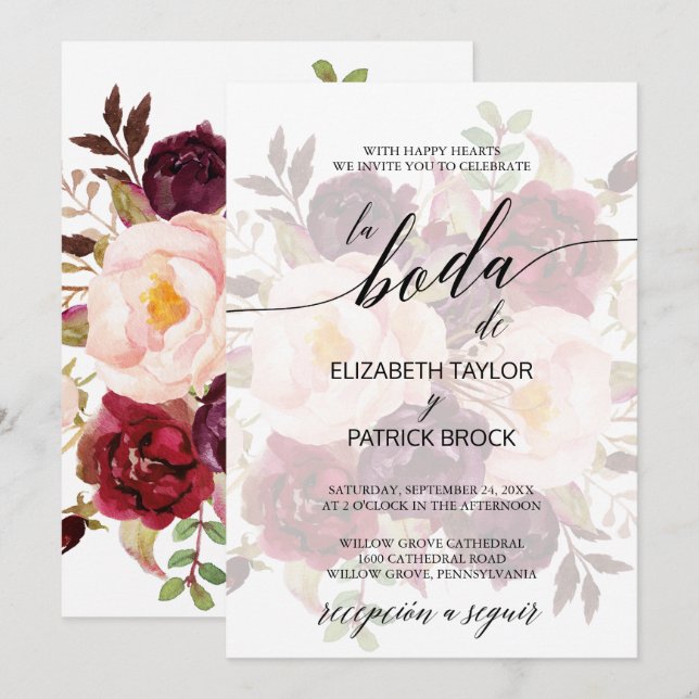 Elegant Calligraphy | Faded Floral Spanish Wedding Invitation (Front/Back)
