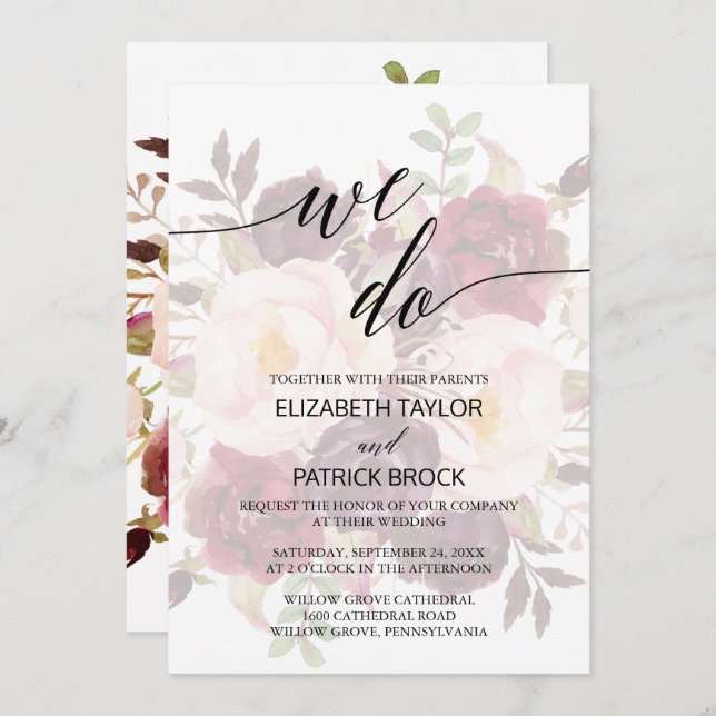 Elegant Calligraphy | Faded Floral We Do Wedding Invitation (Front/Back)