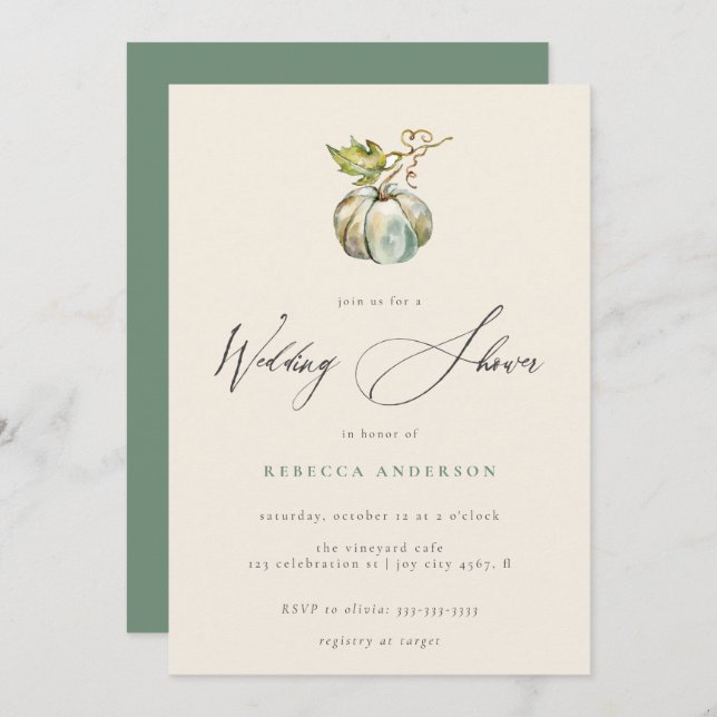 Elegant Calligraphy Fall Pumpkin Wedding Shower Invitation (Front/Back)