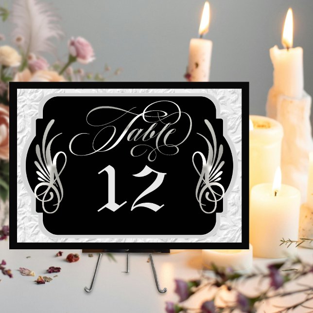 Elegant Calligraphy Faux Embossed - Black/Silver Table Number (Creator Uploaded)