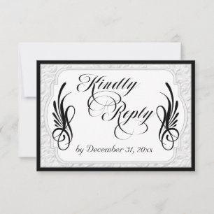 Elegant Calligraphy & Faux Embossed - Black/White RSVP Card