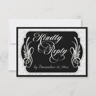 Elegant Calligraphy & Faux Embossed - Silver/Black RSVP Card