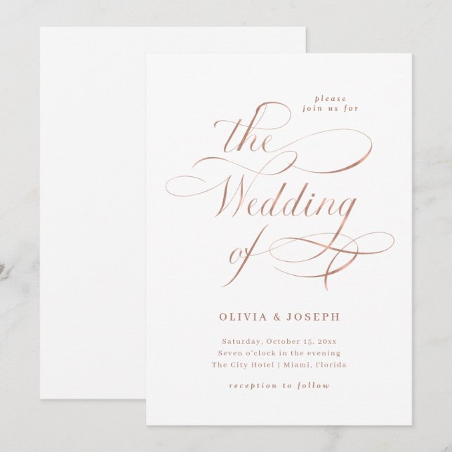 Elegant Calligraphy | Faux Rose Gold Wedding Invitation (Front/Back)