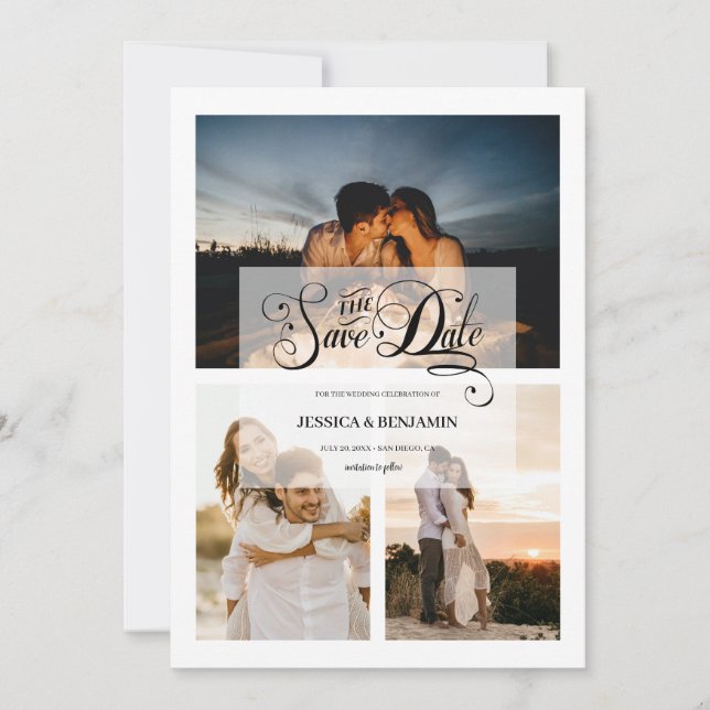 Elegant Calligraphy Faux Vellum Effect 3 Photo Save The Date (Front)